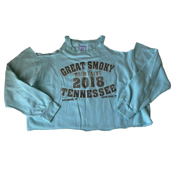Great Smoky Mountains Tennessee crop Sweatshirt Shoulder Cutout Size Large Women - Picture 1 of 9